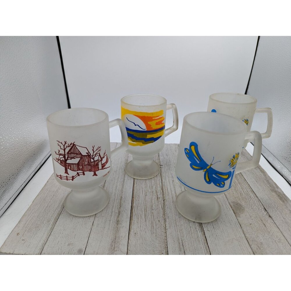 Set 4 Tiara Indiana Glass Satin Frosted Decorated 1984 1985 Footed Mugs